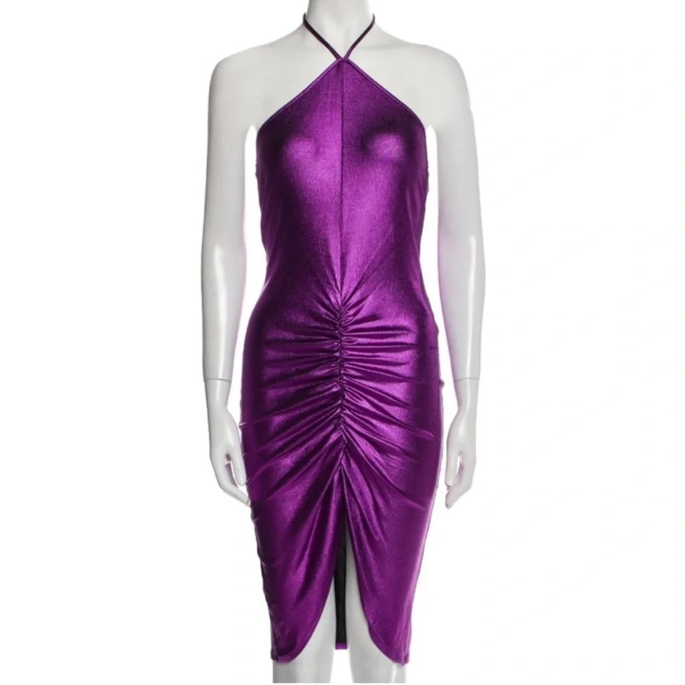 FLEUR DU MAL 💜 ruched draped liquid halter dress NWOT - Picture 2 of 8